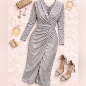 Rhea Costa Silver Metallic Ruched V Neck Midi Dress NWT Size 40 US 4 6